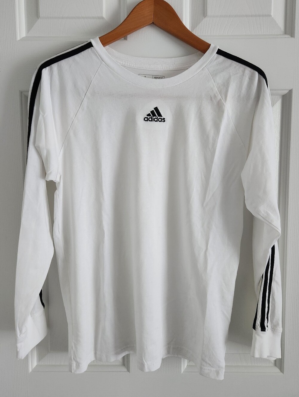 adidas White Long Sleeve Tee with Black Stripe Accents Cotton